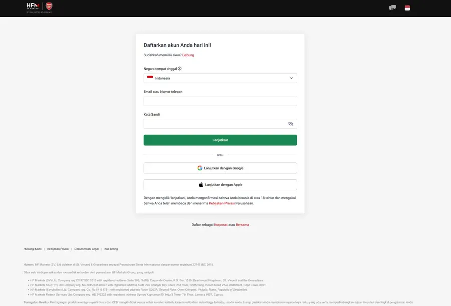 Form pendaftaran HFM langkah 1: pilih negara, isi email dan kata sandi