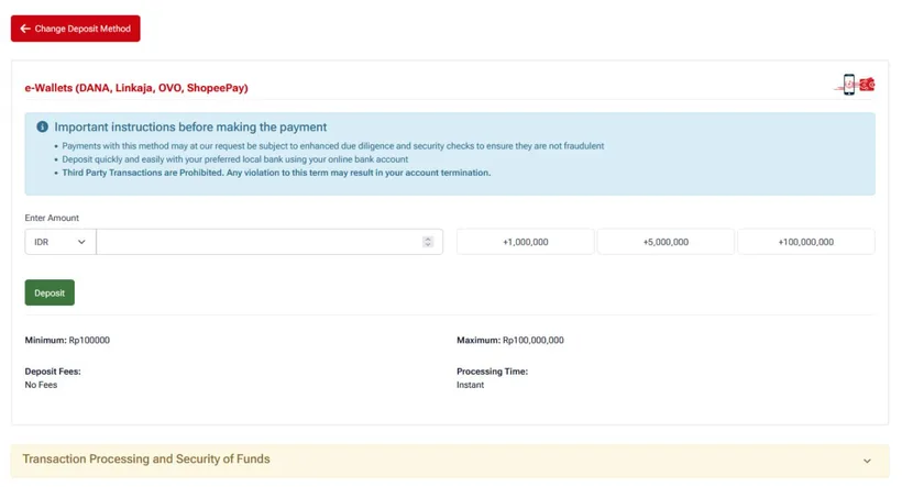 Deposit HFM e-wallet (DANA, LinkAja, OVO, ShopeePay): min Rp100.000, maks Rp100.000.000, instan