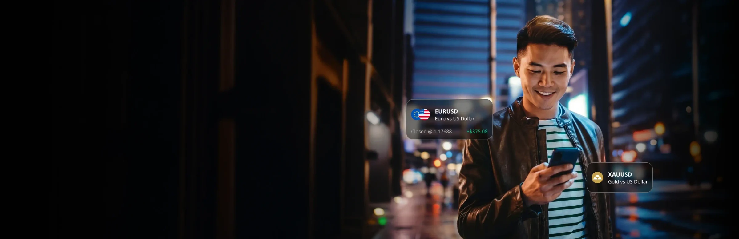 Trader checking HFM markets on a phone in the city at night