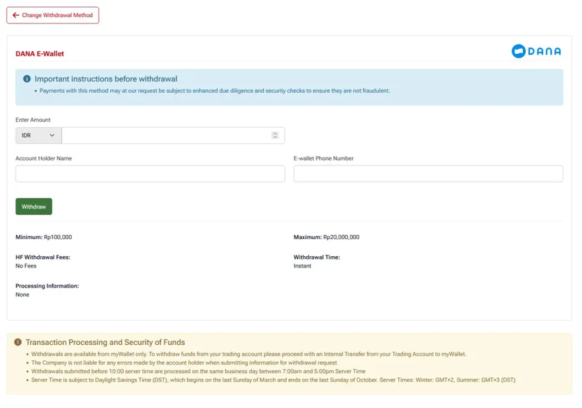 HFM DANA e-wallet withdrawal: min Rp100,000, max Rp20,000,000, no fee, instant